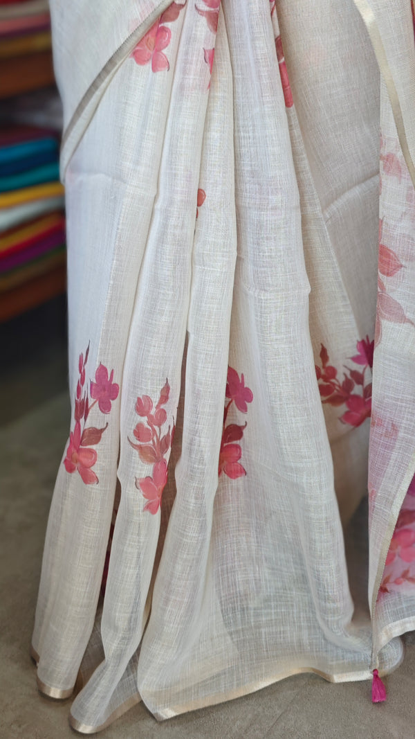 Cream Blended Linen Saree