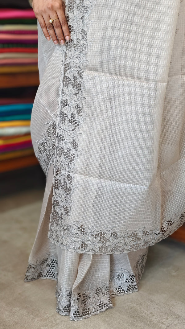 Greige Kota Saree with Cutwork Borders - 409M