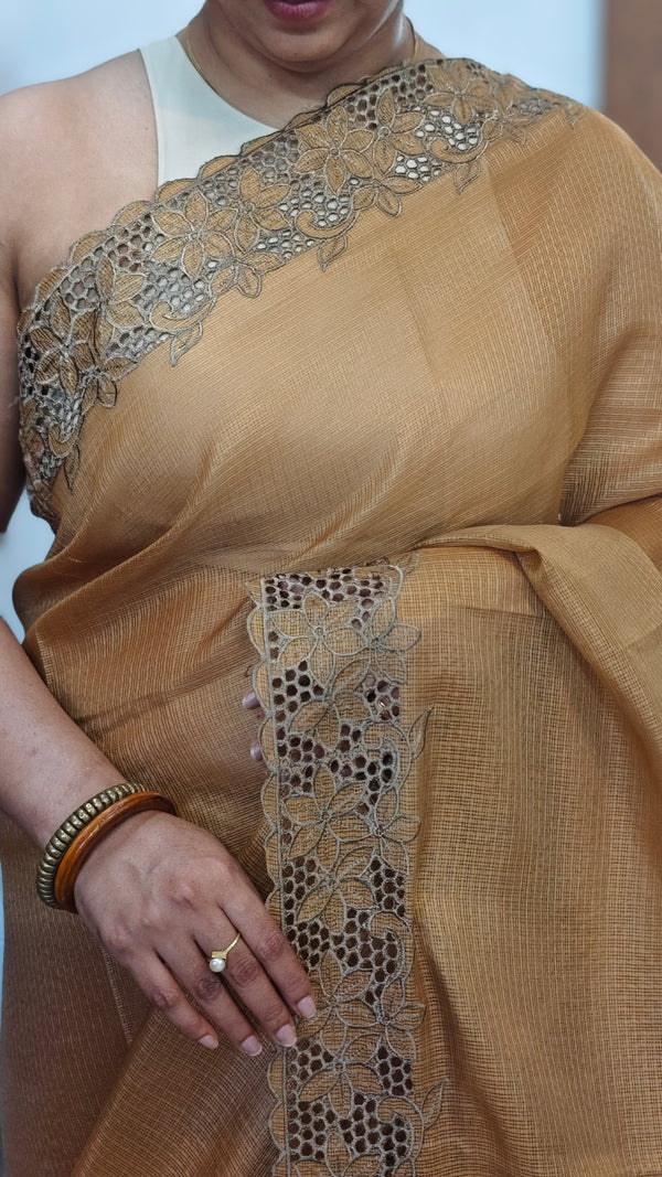 Brown Mustard Kota Saree with Cutwork Borders - 409M