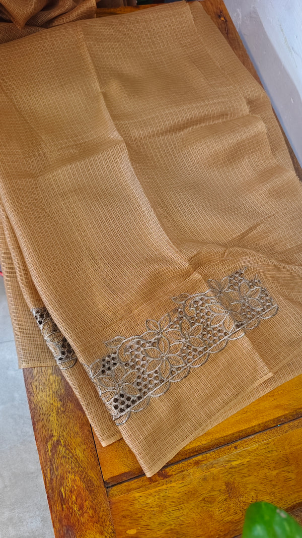 Brown Mustard Kota Saree with Cutwork Borders - 409M