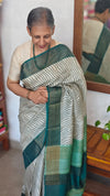 Off White and Bottle Green Printed Tussar Silk Saree - EX2483