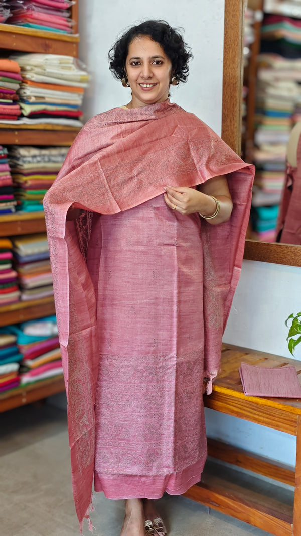 Mauve Semi Tussar Suit with Copper Thread Embroidery - TTV4