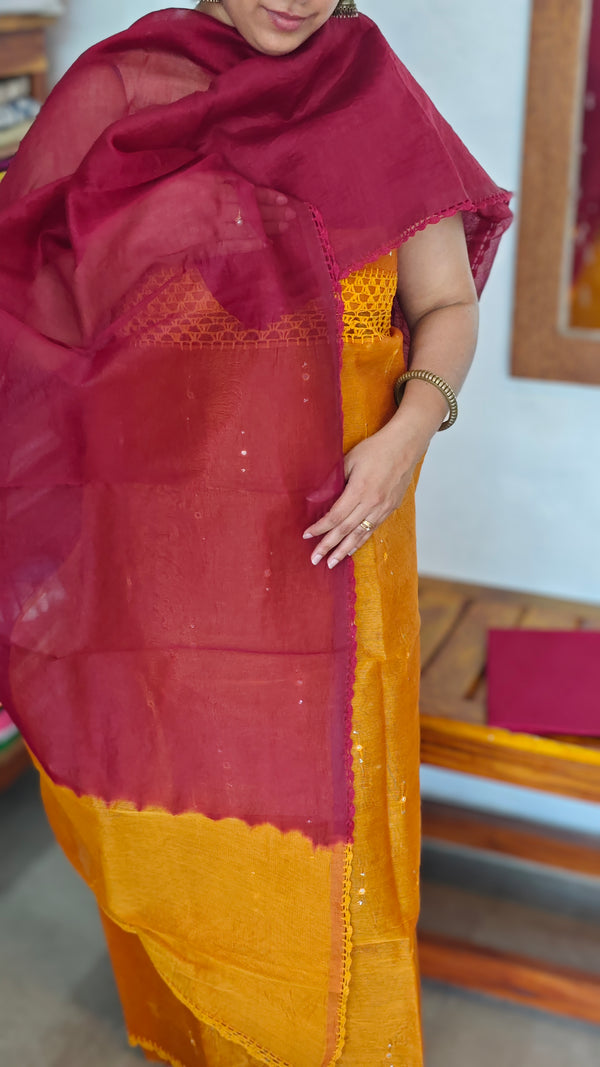 Mustard and Maroon Supernet Kota Suit with Hand Crochet - TB48