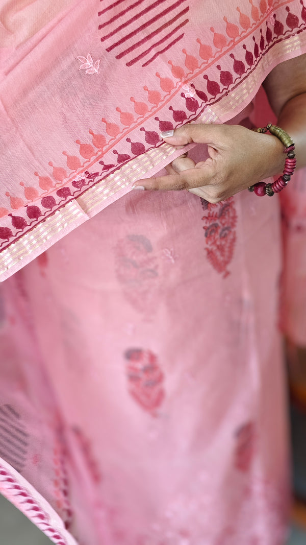 Pink Block Printed Chanderi Suit with Applique work