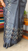 Onyx Black Embroidered Tussar Silk Saree - ETS25