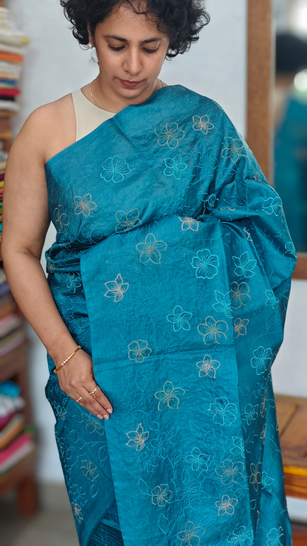 Turquoise Blue Embroidered Tussar Silk Saree - ETS25