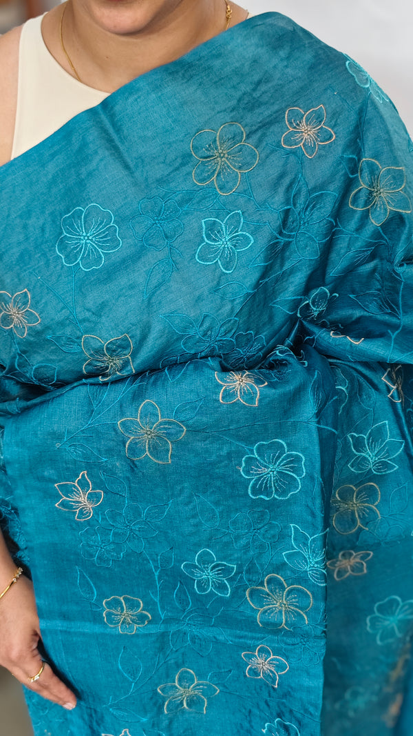 Turquoise Blue Embroidered Tussar Silk Saree - ETS25