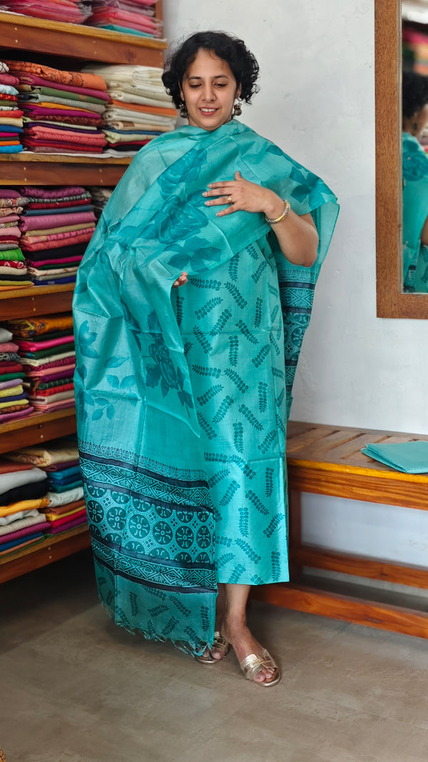Cyan Blue Printed Tussar Silk Suit - PTS25