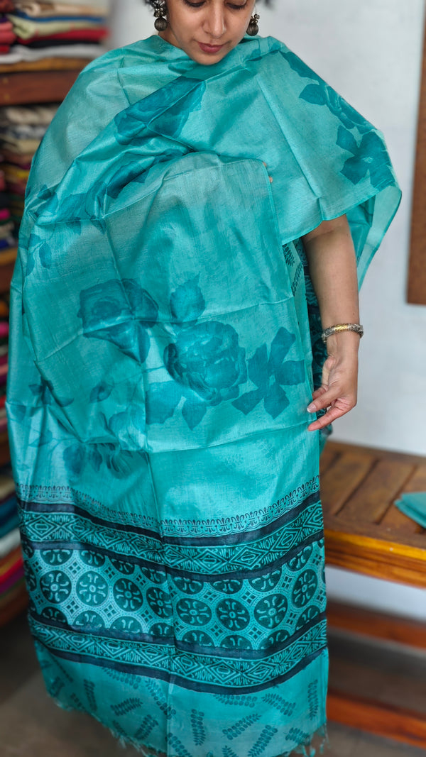 Cyan Blue Printed Tussar Silk Suit - PTS25