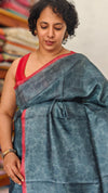 Dark Grey Printed Tussar Silk Saree - VK27