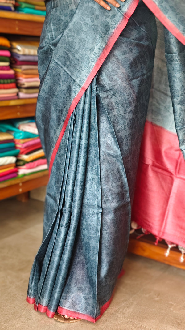 Dark Grey Printed Tussar Silk Saree - VK27