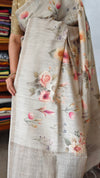 Light Grey Floral Printed Moonga Silk Saree