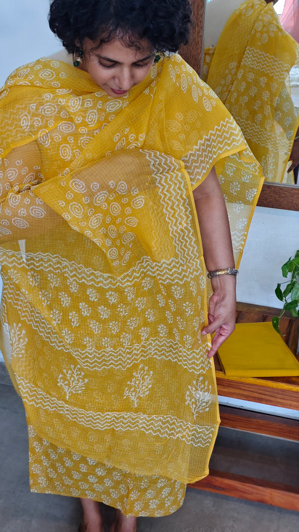 Mustard Yellow Block Printed Kota Doria Suit - GD331