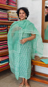 Aqua Green Block Printed Kota Doria Suit - GD331