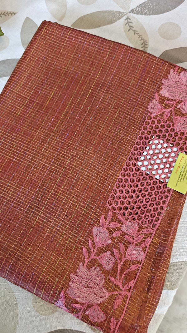 Rust Shade Tussar Silk Saree with Cutwork Borders - E192