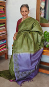 Olive Green and Lavender Tussar Silk Saree with Cutwork Borders - E192