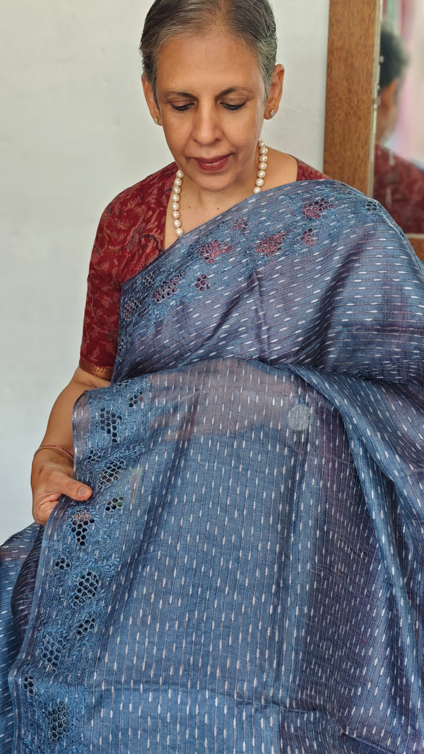 Blue and Grey Tussar Silk Saree with Cutwork Borders - E192