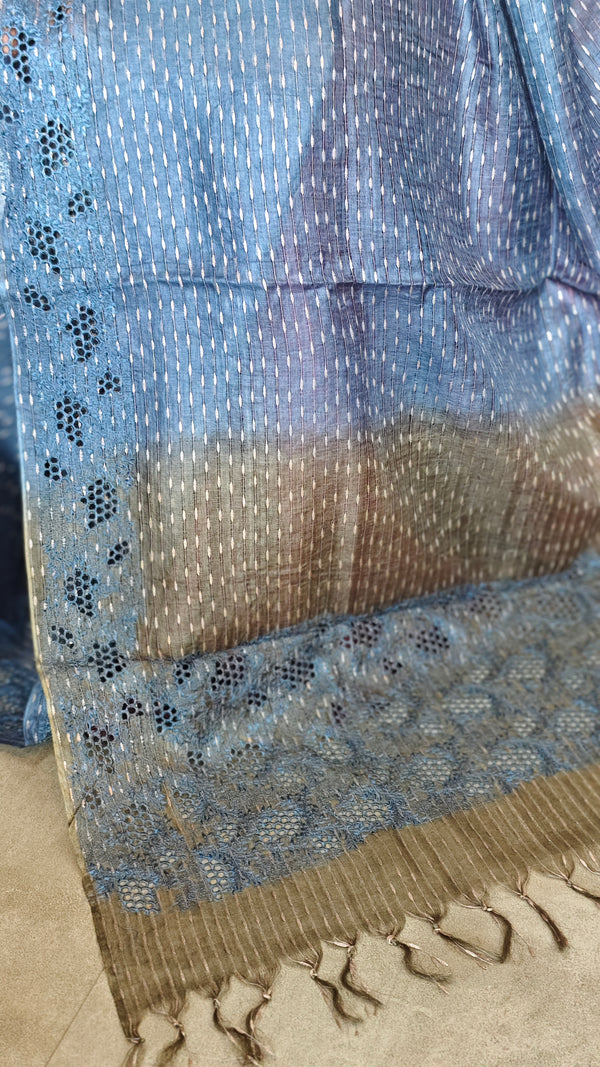 Blue and Grey Tussar Silk Saree with Cutwork Borders - E192
