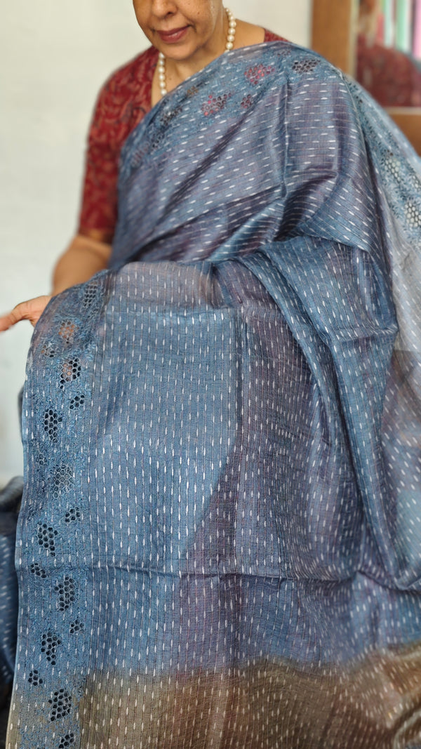 Blue and Grey Tussar Silk Saree with Cutwork Borders - E192