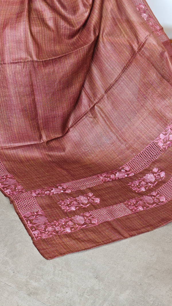Rust Shade Tussar Silk Saree with Cutwork Borders - E192