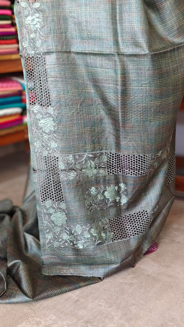 Fern Green Tussar Silk Saree with Cutwork Borders - E192