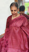 Dark Pink Tussar Silk Saree with Cutwork Borders - E192