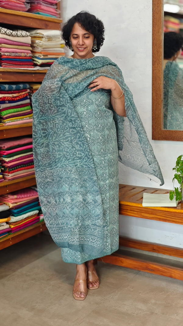 Teal Blue Cotton Hakoba Suit with Kota Doria Dupatta