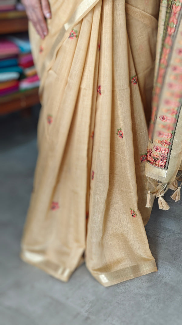 Golden Brown Linen Chanderi Jamdani Saree