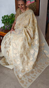 Pastel Yellow Linen Chanderi Saree with Golden Applique - D773