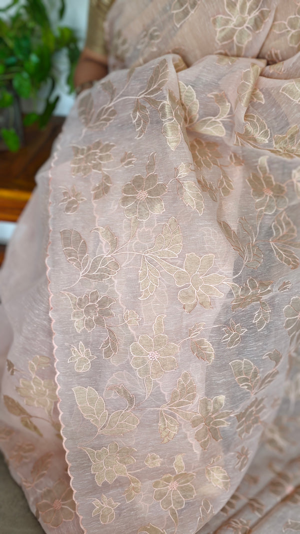 Pastel Peach Linen Tissue Saree with Golden Applique - D773