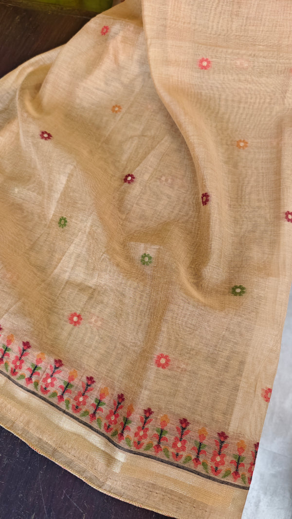 Golden Brown Linen Chanderi Jamdani Saree