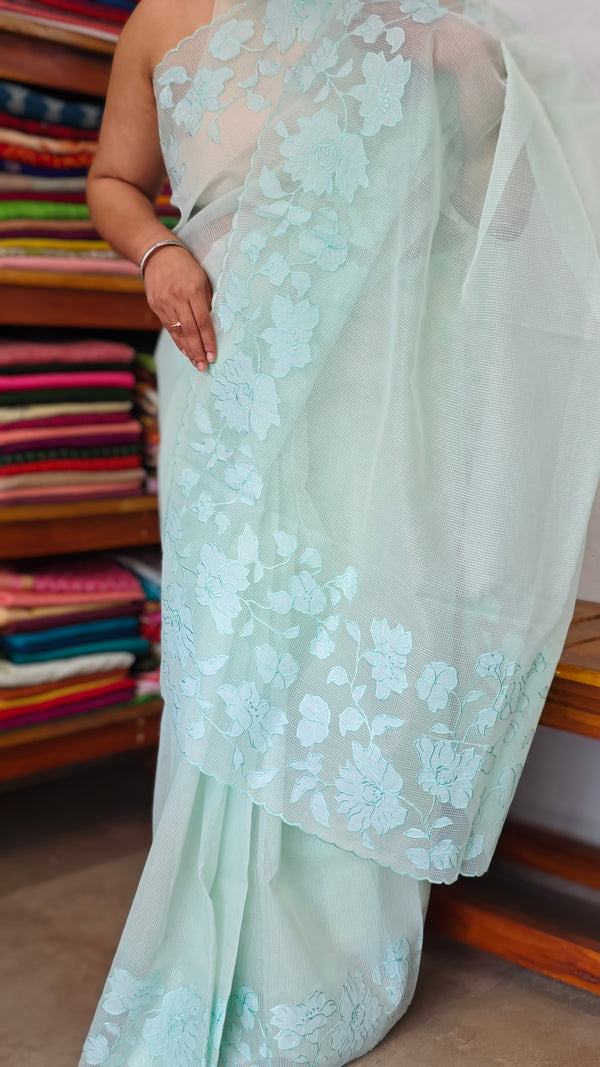 Sea Green Net Kota Saree with Applique Work - EP26