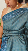 Classic Blue Tussar Silk Saree with Embroidered Borders