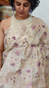 Light Beige and Lavender Jute Kota Saree with Cross Stitch Embroidery - 5033