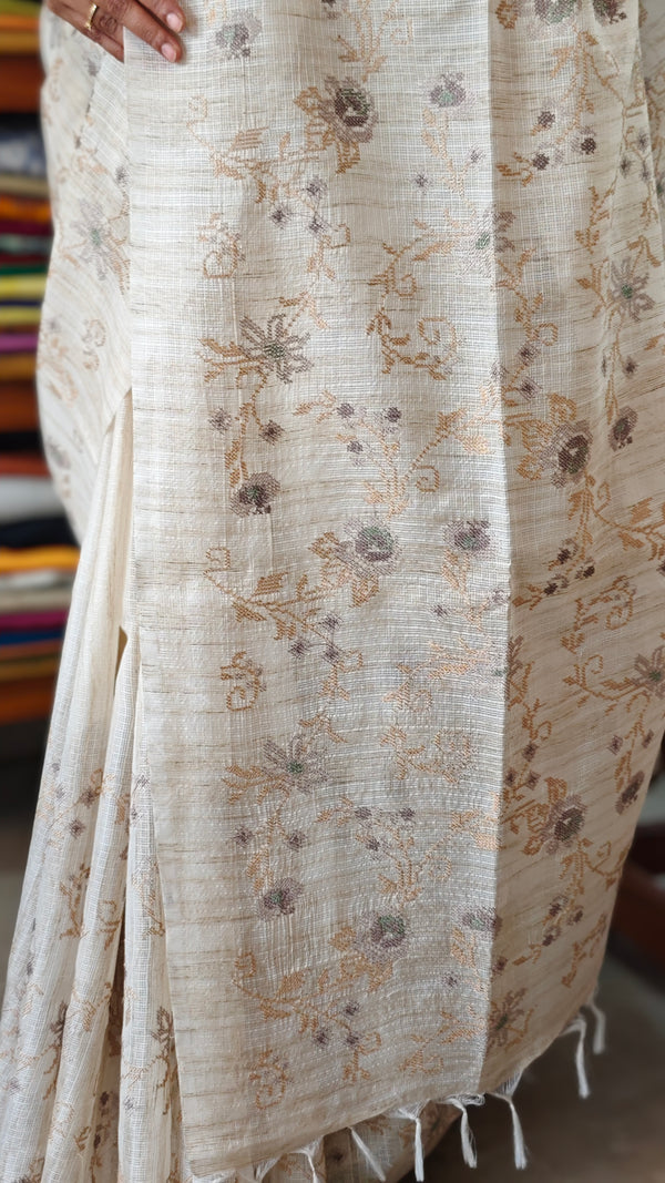 Light Beige and Grey Jute Kota Saree with Cross Stitch Embroidery - 5033