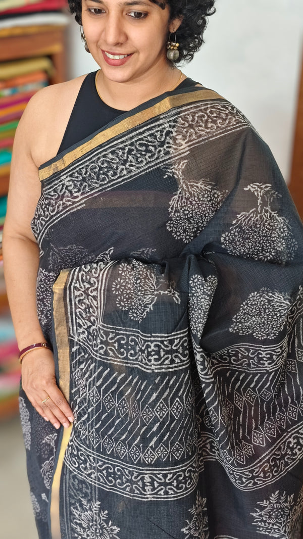 Black Block Printed Kota Doria Saree - SQ39