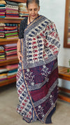 Indigo, White and Red Block Printed Kota Doria Saree - SQ39