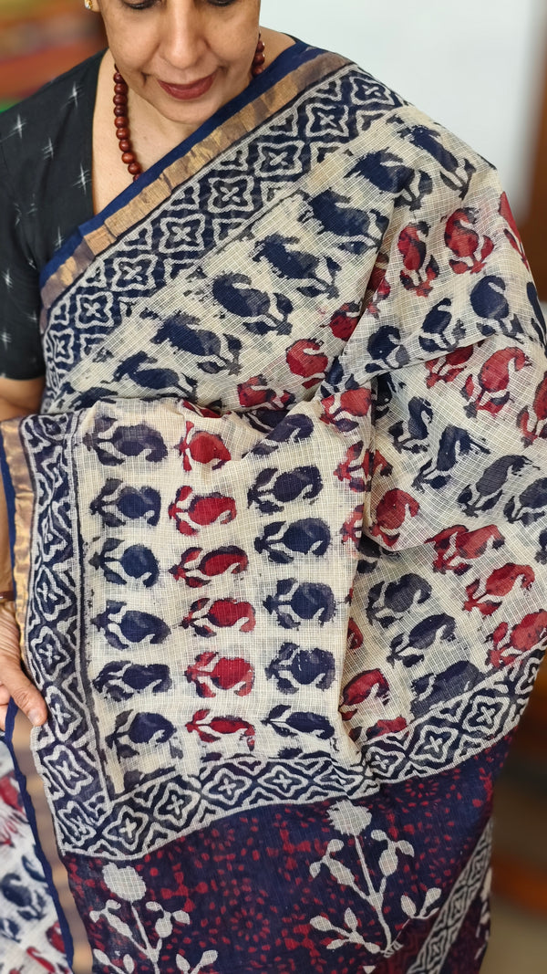 Indigo, White and Red Block Printed Kota Doria Saree - SQ39