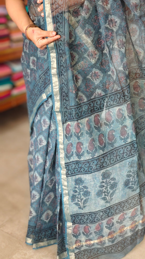 Ash Blue Block Printed Kota Doria Saree- SQ39