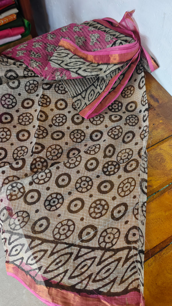 Pink and Black Partly Block Printed Kota Doria Saree - SQ39