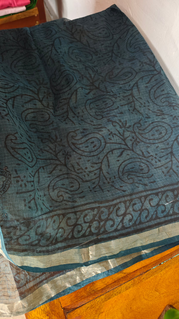 Ash Blue Block Printed Kota Doria Saree- SQ39