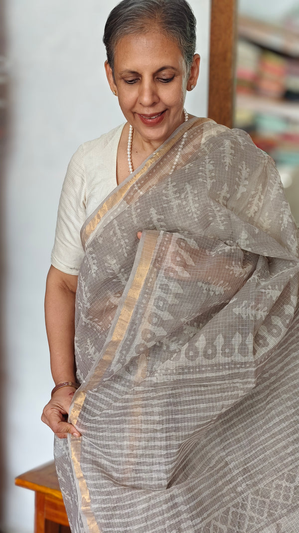 Grey Mist Block Printed Kota Doria Saree - SQ39