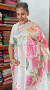 Off White Floral Printed Tussar Silk Saree - HSN4