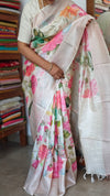 Off White Floral Printed Tussar Silk Saree - HSN4