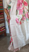 Off White Floral Printed Tussar Silk Saree - HSN4