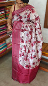Dark Pink and Off White Printed Tussar silk Saree - HSN4