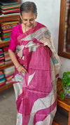 Pink and Cream Abstract Printed Tussar Silk Saree - HSN4