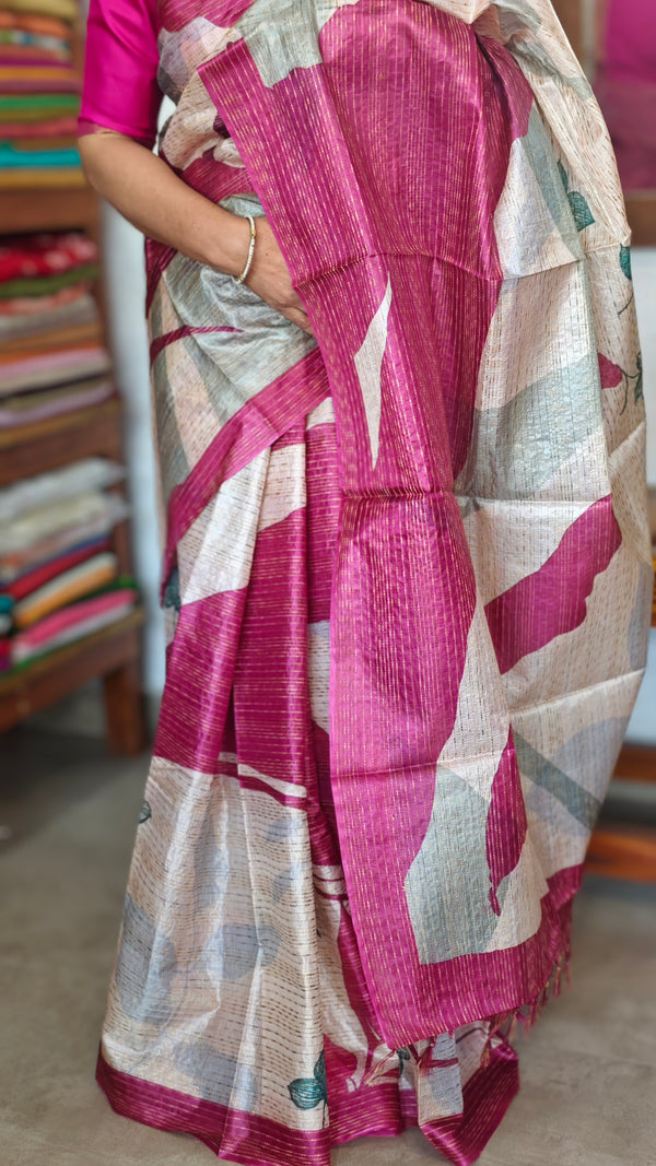 Pink and Cream Abstract Printed Tussar Silk Saree - HSN4
