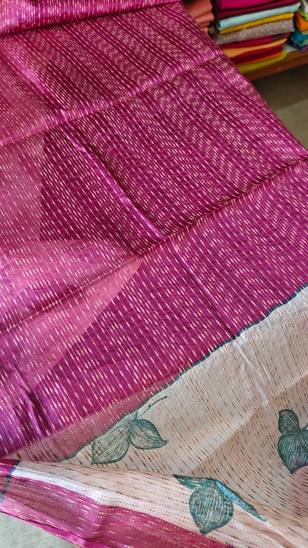 Pink and Cream Abstract Printed Tussar Silk Saree - HSN4