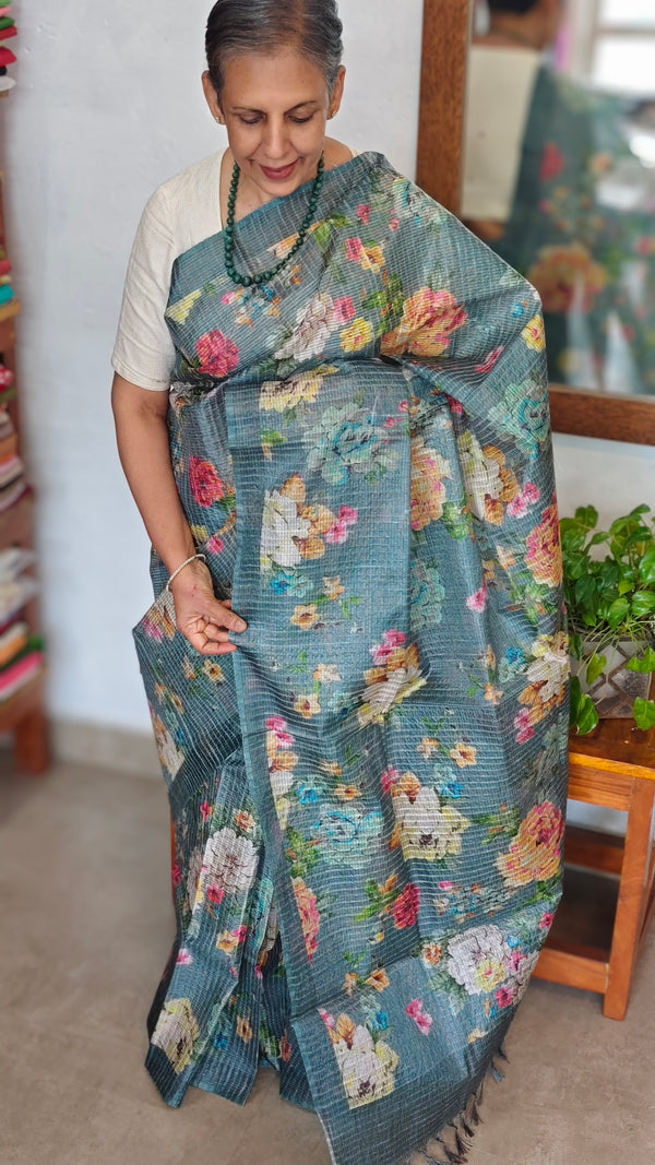 Dark Teal Floral Printed Tussar Silk Saree - HSN4